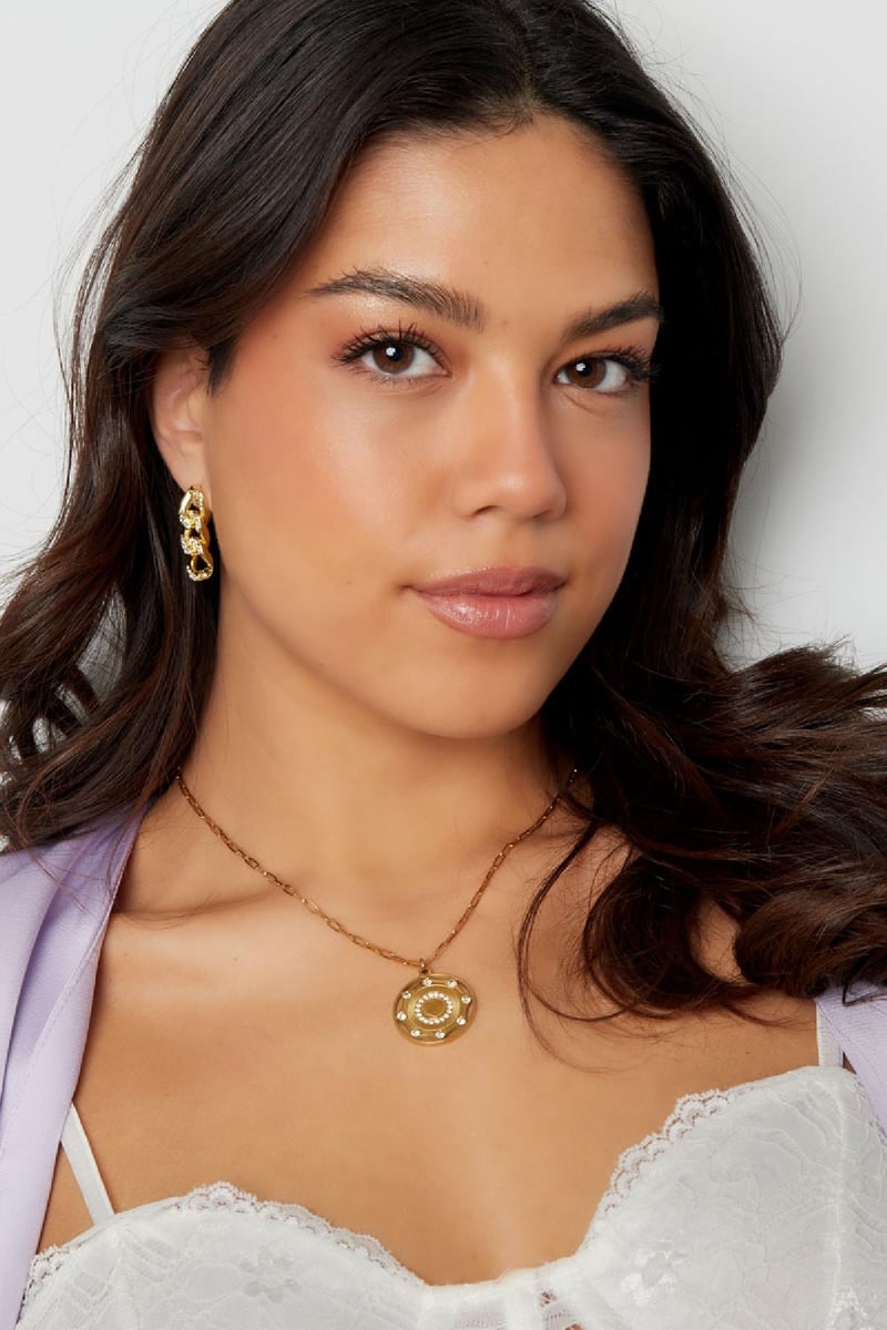 Ear studs link zircon Silver Color Stainless Steel