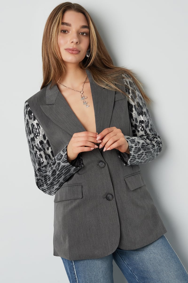 Blazer with leopard print glitter sleeve - gray