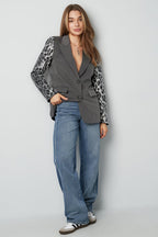 Blazer with leopard print glitter sleeve - gray