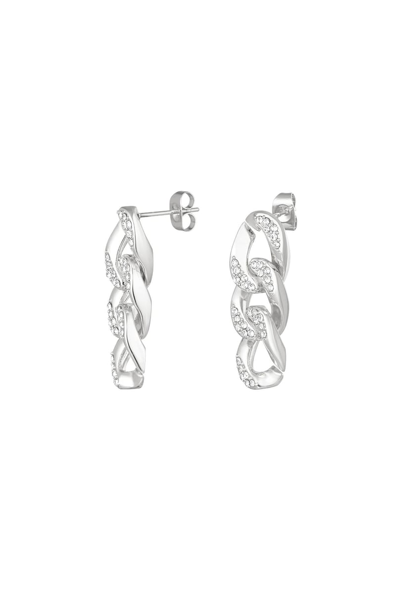 Ear studs link zircon Silver Color Stainless Steel
