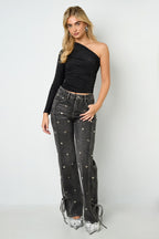 Feestelijke glinsterende top met één schouder